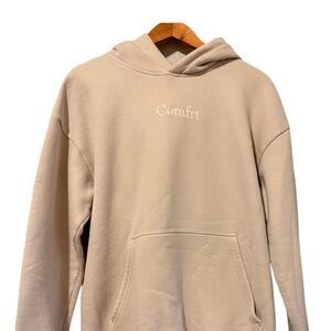 Comfrt Oversized Beige Hoodie Minimalist Embroidered Logo Cozy Neutral Sweater M